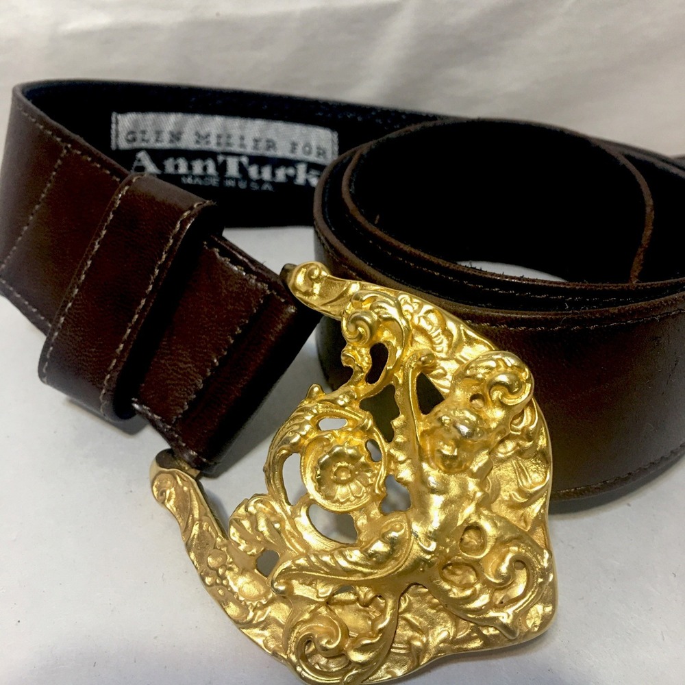 80's Leather Belt with Gold Cherub Buckle by Glen Miller For Ann Turk (Sm) Rare